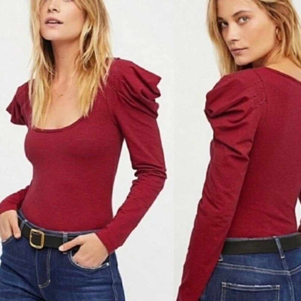 Free People Penelope Dramatic Puff Sleeve Stretch Knit Top in Red Combo Stripe L